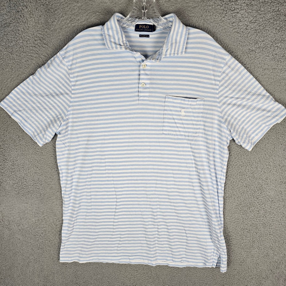 Polo Ralph Lauren Polo Mens Large Blue Striped Classic Fit Pocket Pony Logo